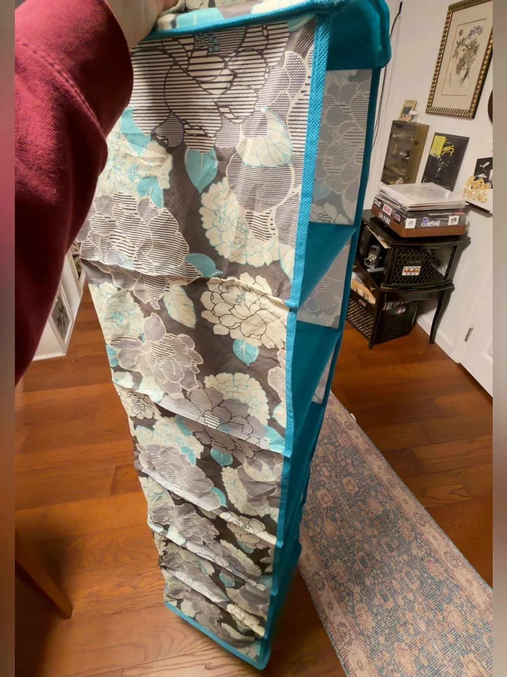Turquoise Floral Fabric 6-Compartment Hanging Closet Organizer- Teen/Dorm/Home